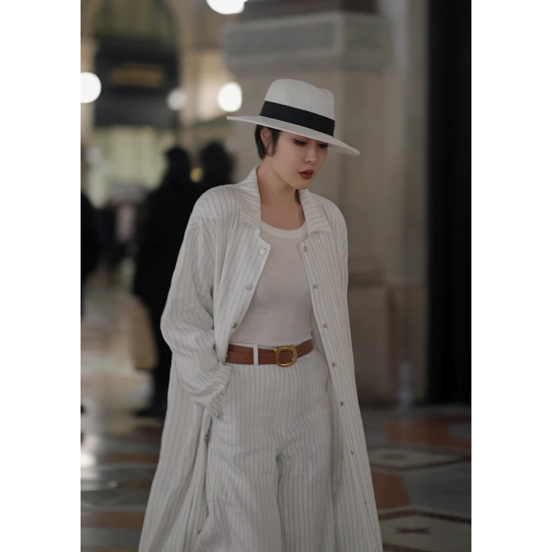 【发如雪】私服 仙雅风骨白色25夏舒适亚麻条纹风衣长款开衫连衣裙