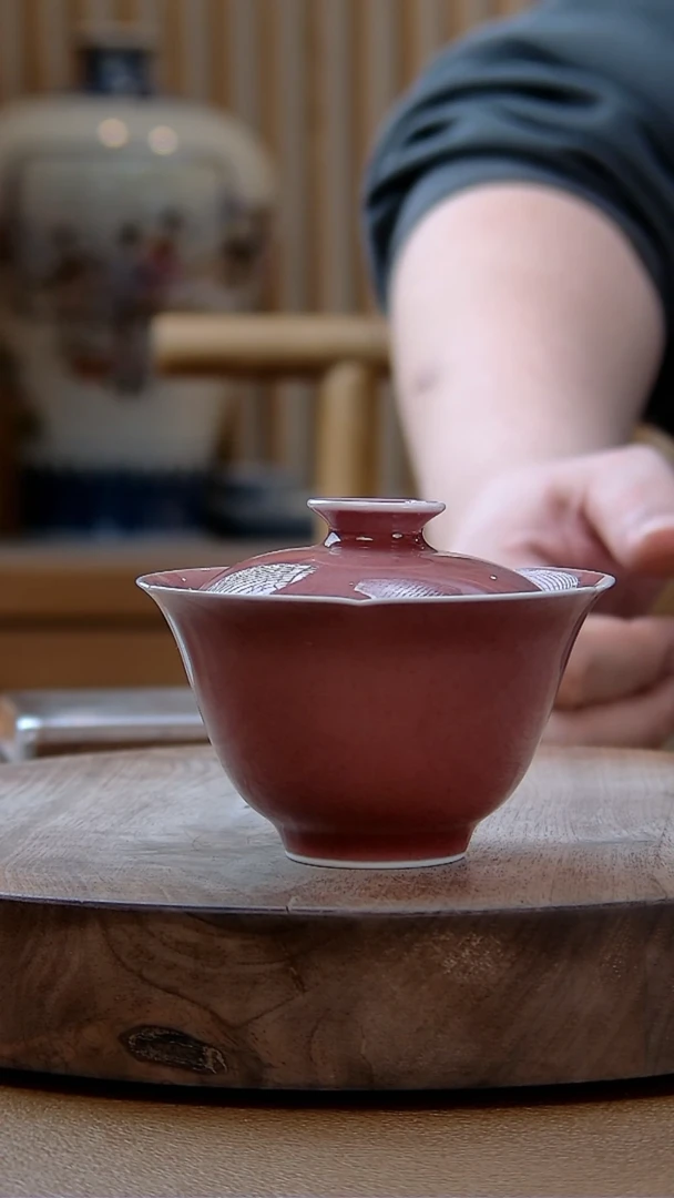 【闪购商品】文俊窑豇豆红盖碗