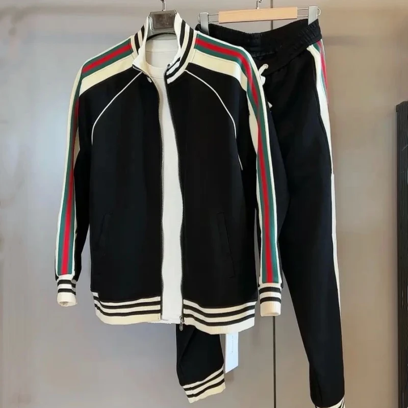 路约威格新款男士休闲运动套装拼色条纹立领卫衣开衫男外套两件套