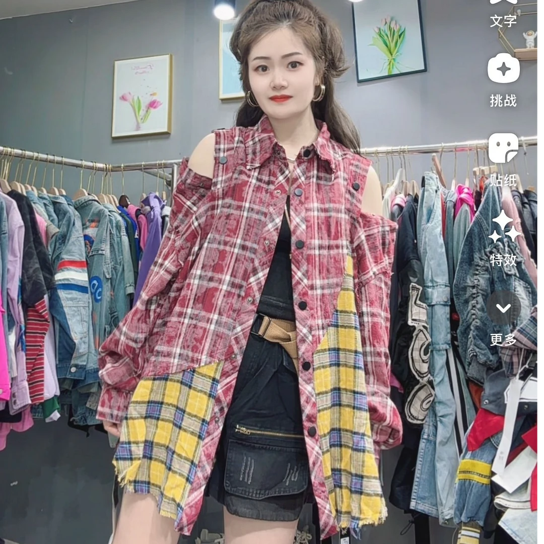 LY家6536#AF 格子拼接露肩POLO领宽松休闲拼接春季衬衫