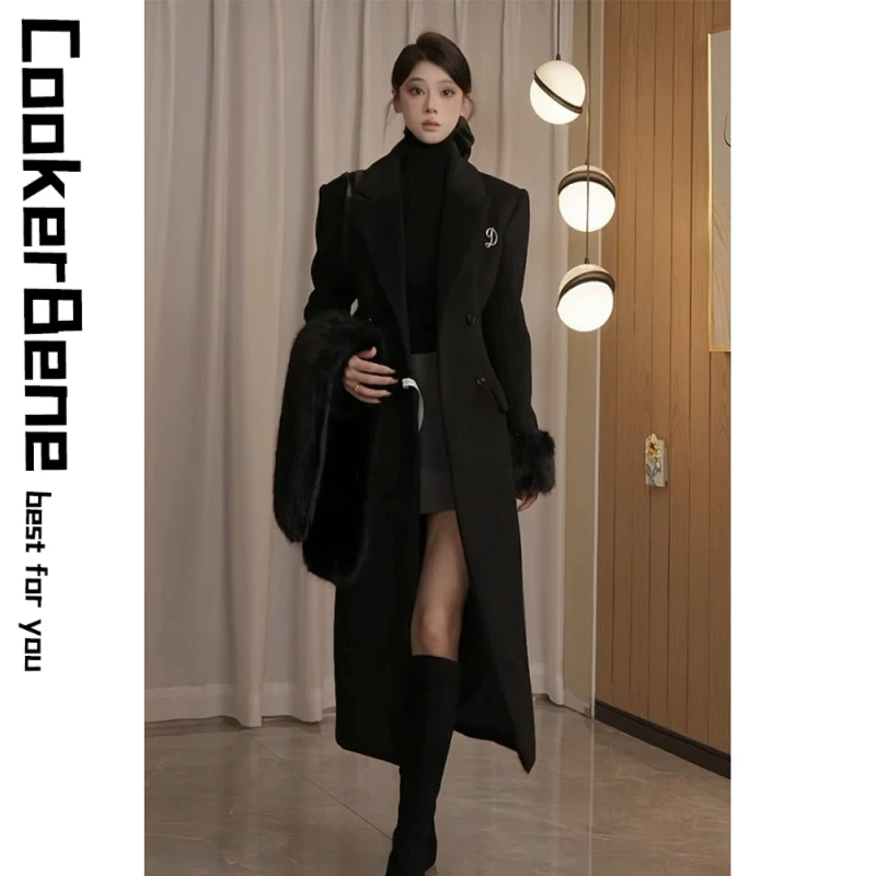英伦赫本风黑色沙漏收腰毛呢外套冬季新款长款气质高级呢子大衣女