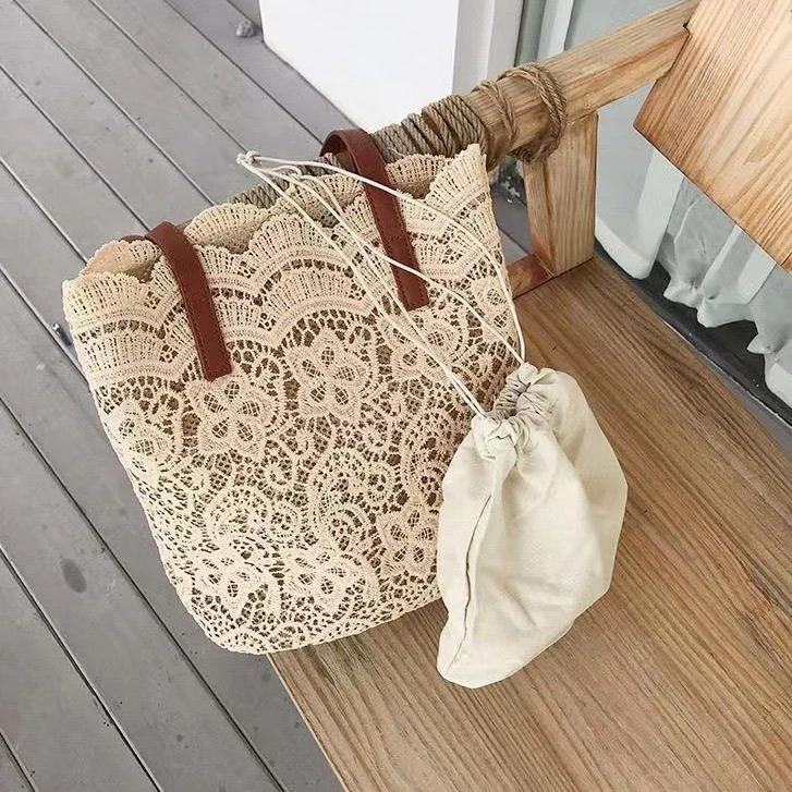 肩森系复古托特 蕾丝包包水桶单购物袋小挎包  提仙女ins