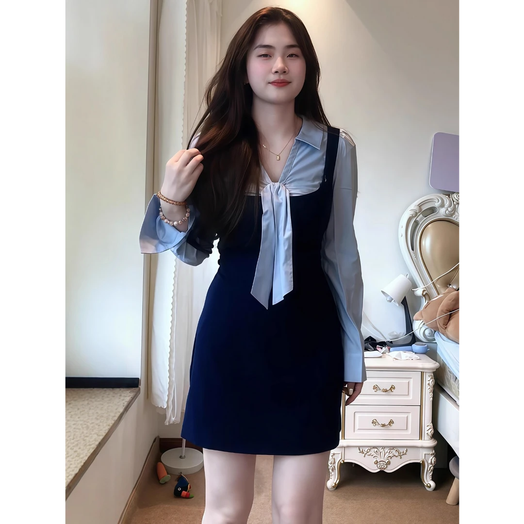 一然大码女装法式复古假两件连衣裙女秋季收腰气质裙子13198