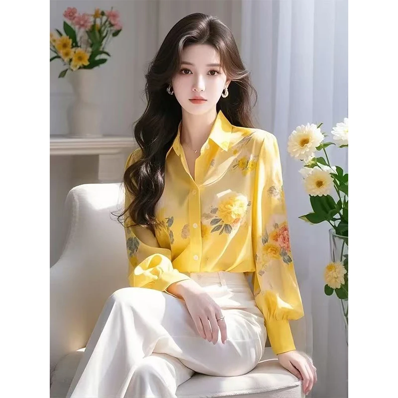 港味复古chic超好看独特漂亮上衣气质高级感百搭黄色印花衬衫女春