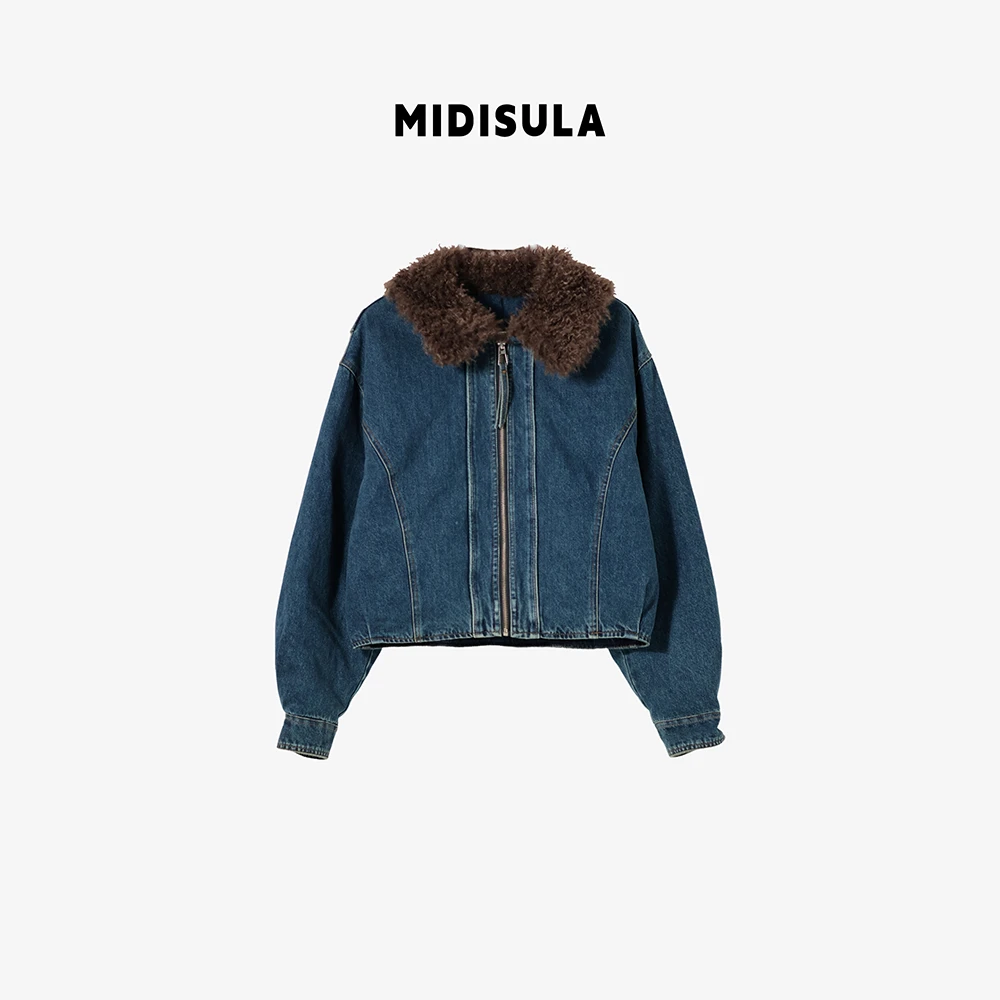 阿玉家&欧货时尚复古毛毛领高级感休闲弯线纹羽绒牛仔外套#02499