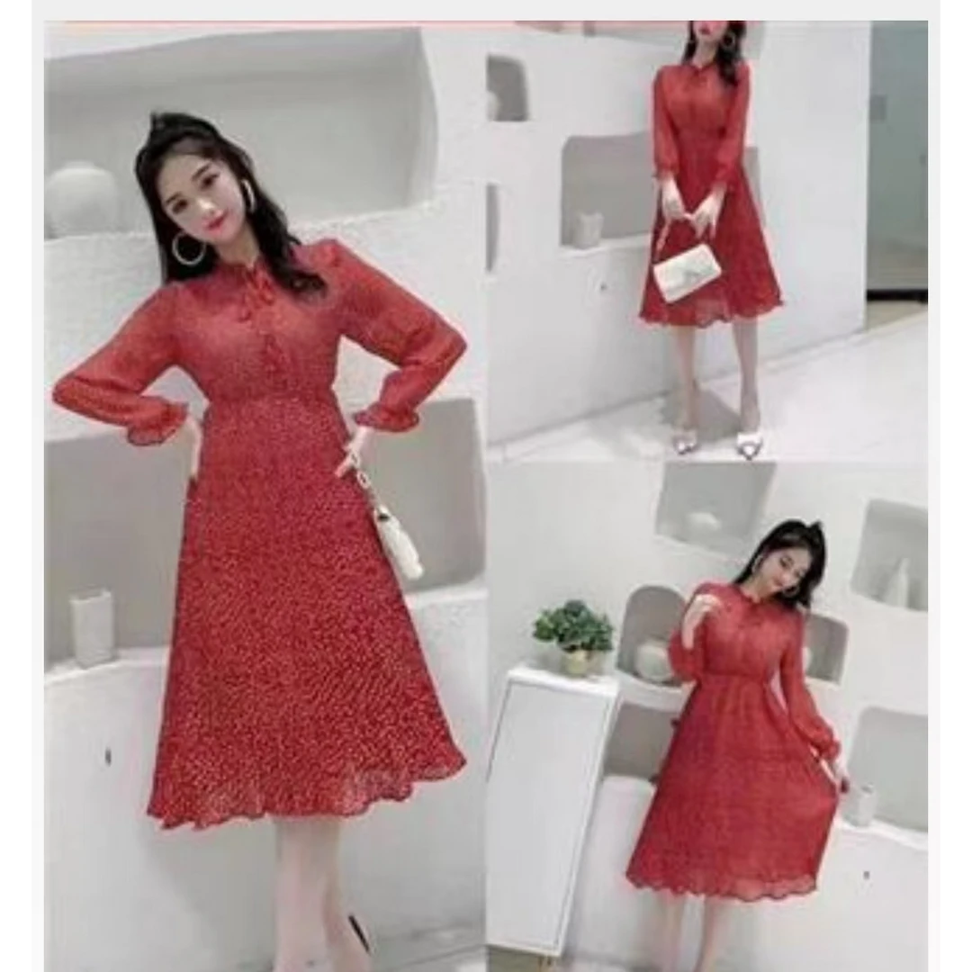 612 桃心碎花红色法式中长款连衣裙女春夏装