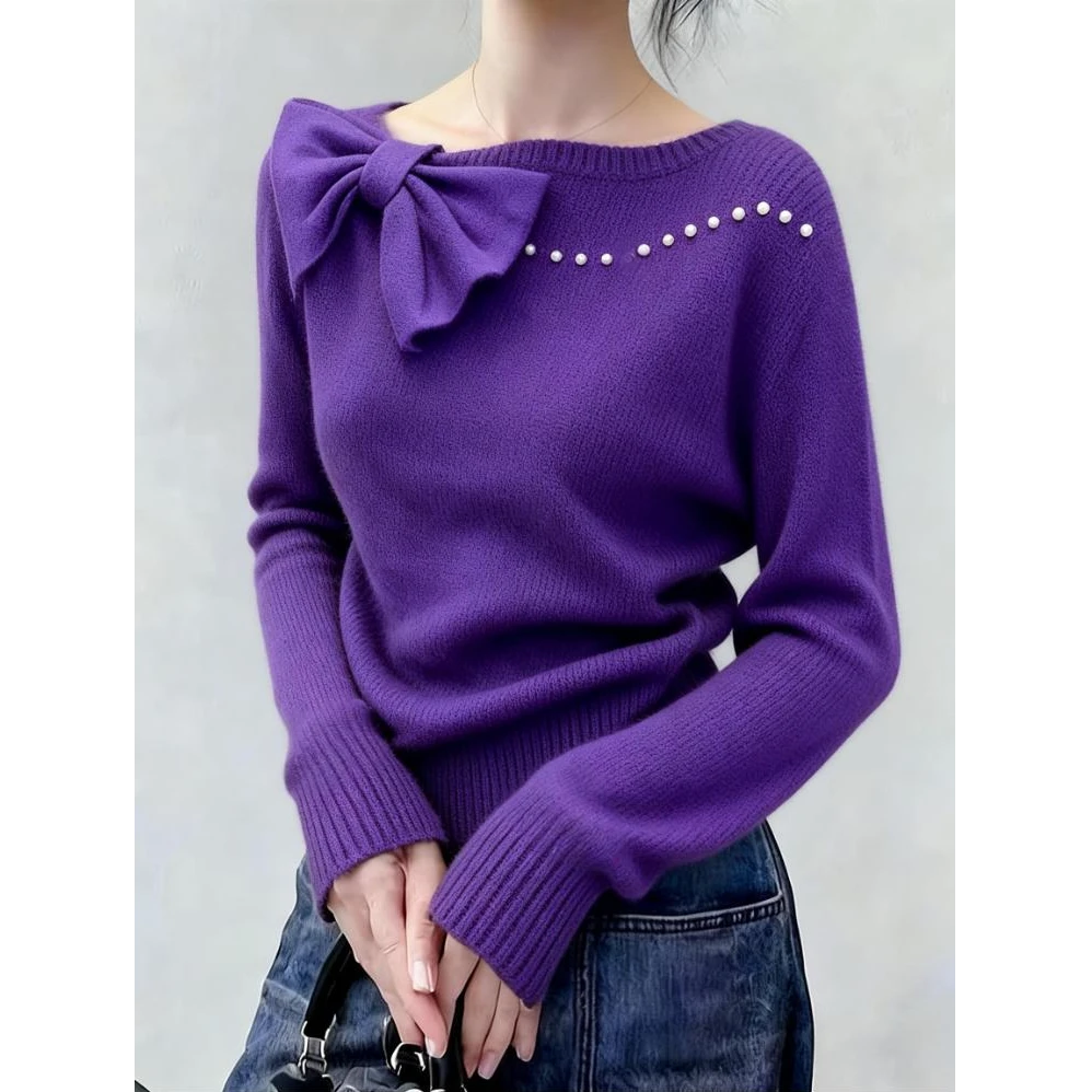 法式初冬新款一字领蝴蝶结设计感针织衫高端长袖休闲风宽松上衣女