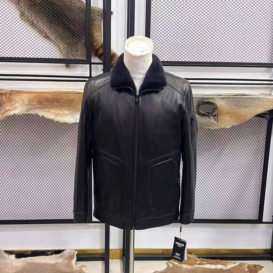 山羊皮休闲翻领貂内胆皮衣25119
