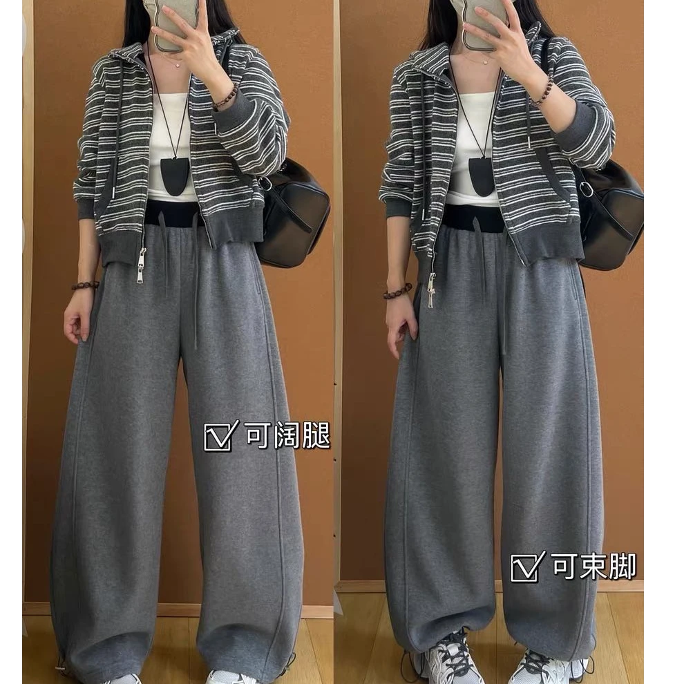 【喜家】-2025冬季新款松紧腰撞色+收口两穿弯刀阔腿卫裤9525