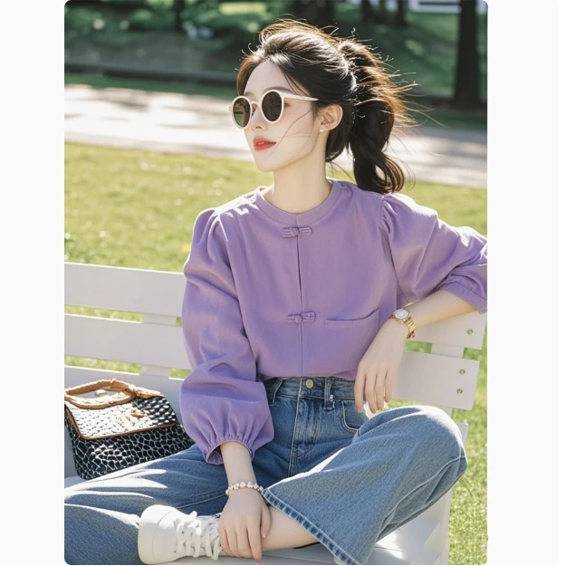 今年流行爆款超好看独特洋气减龄设计感紫色新中式盘扣圆领衬衫春