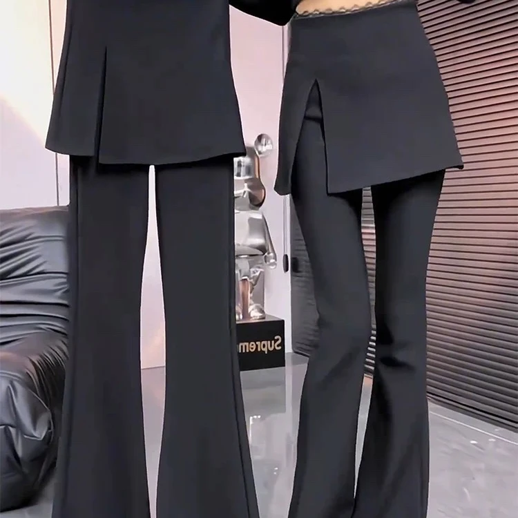 蕾丝腰假两件喇叭裤裙梨形身材显瘦高腰休闲长裤黑色新款裤子女款