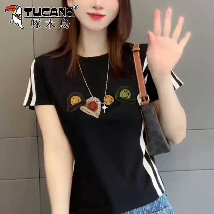 啄木鸟洋气短袖t恤女款2025夏季新款爆款显瘦正肩时尚上衣百搭款