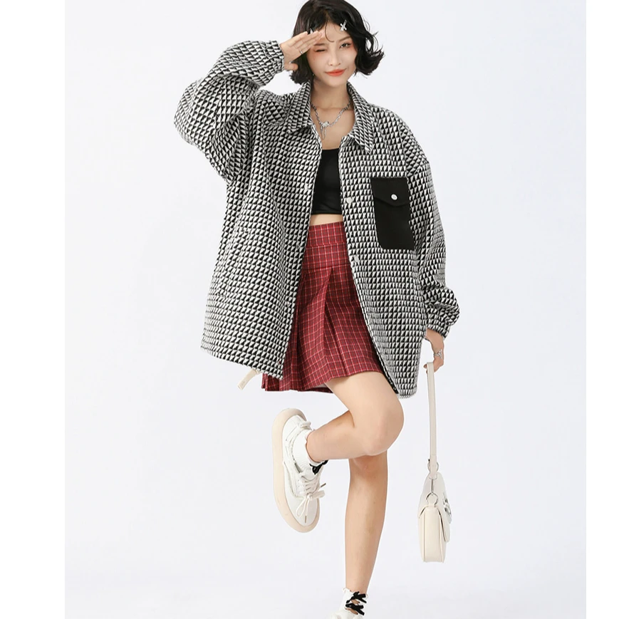 宽松贴布绣常规款贴布短外套拉链不褪色格子时尚夹克短款秋季休闲