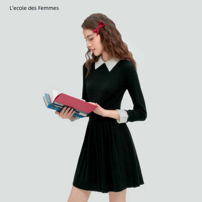 LDF复古甜心赫本风小香风撞色翻领中袖修身晚礼服小黑裙31197