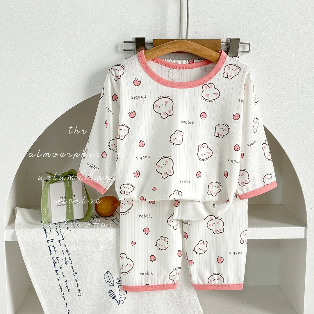 夏季家居服男女宝宝套装女童薄款空调服婴儿分体套装睡衣两件套