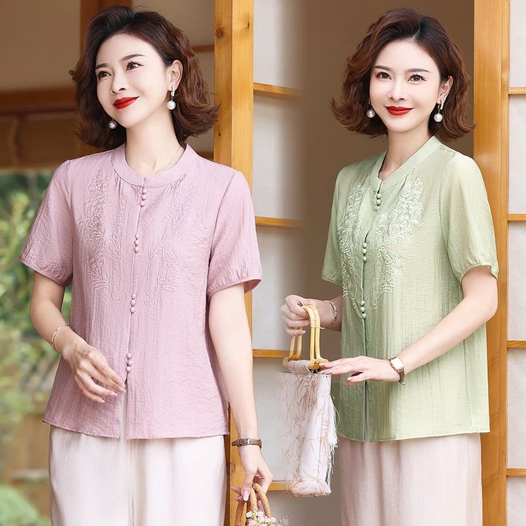 妈妈夏装衬衣短袖小衫中老年女新中式妈妈套装高档套装衣服爆火