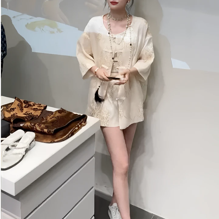 凤起玉鸣新款【白玉兰】新中式夏季气网红质时尚休闲重工刺绣套装