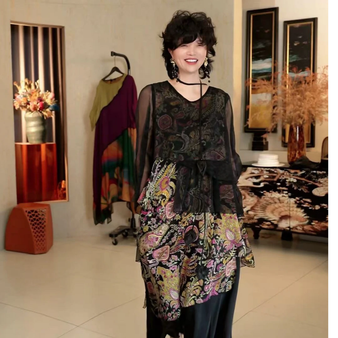 845篱君夏季新款双层假两件中式不规则显瘦上衣减龄碎花V领小衫