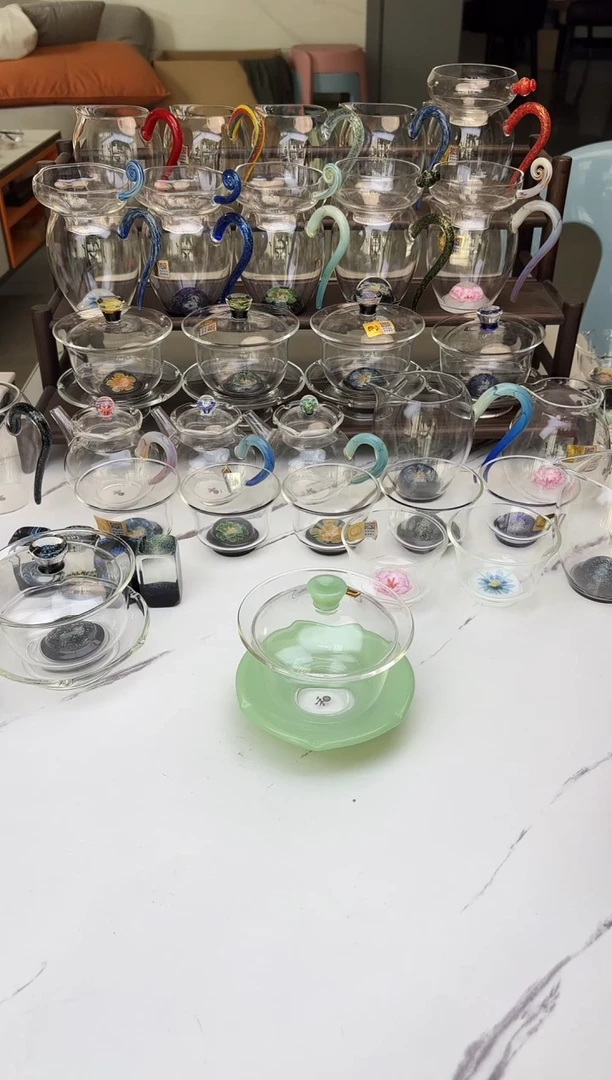 手工艺品玻璃禾器禅语盖碗浅玉色