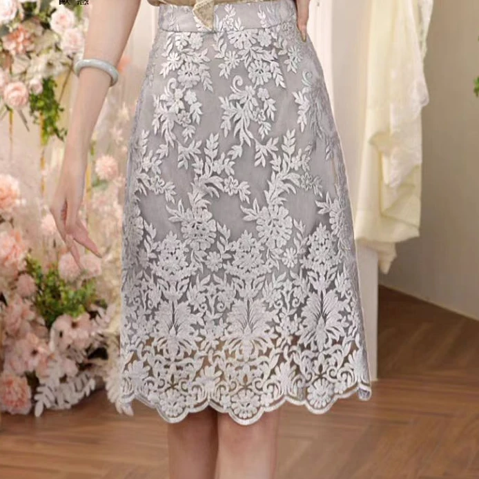 87128【裙长65】 网纱刺绣蕾丝半身裙优雅气质显瘦A字裙春夏新款女