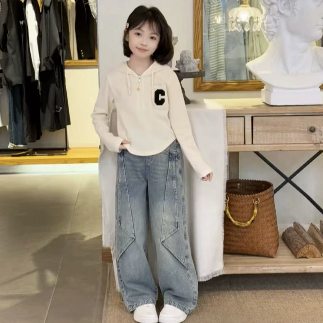 女童韩版字母连帽卫衣套装春秋新款洋气中大童不规则牛仔裤两件套