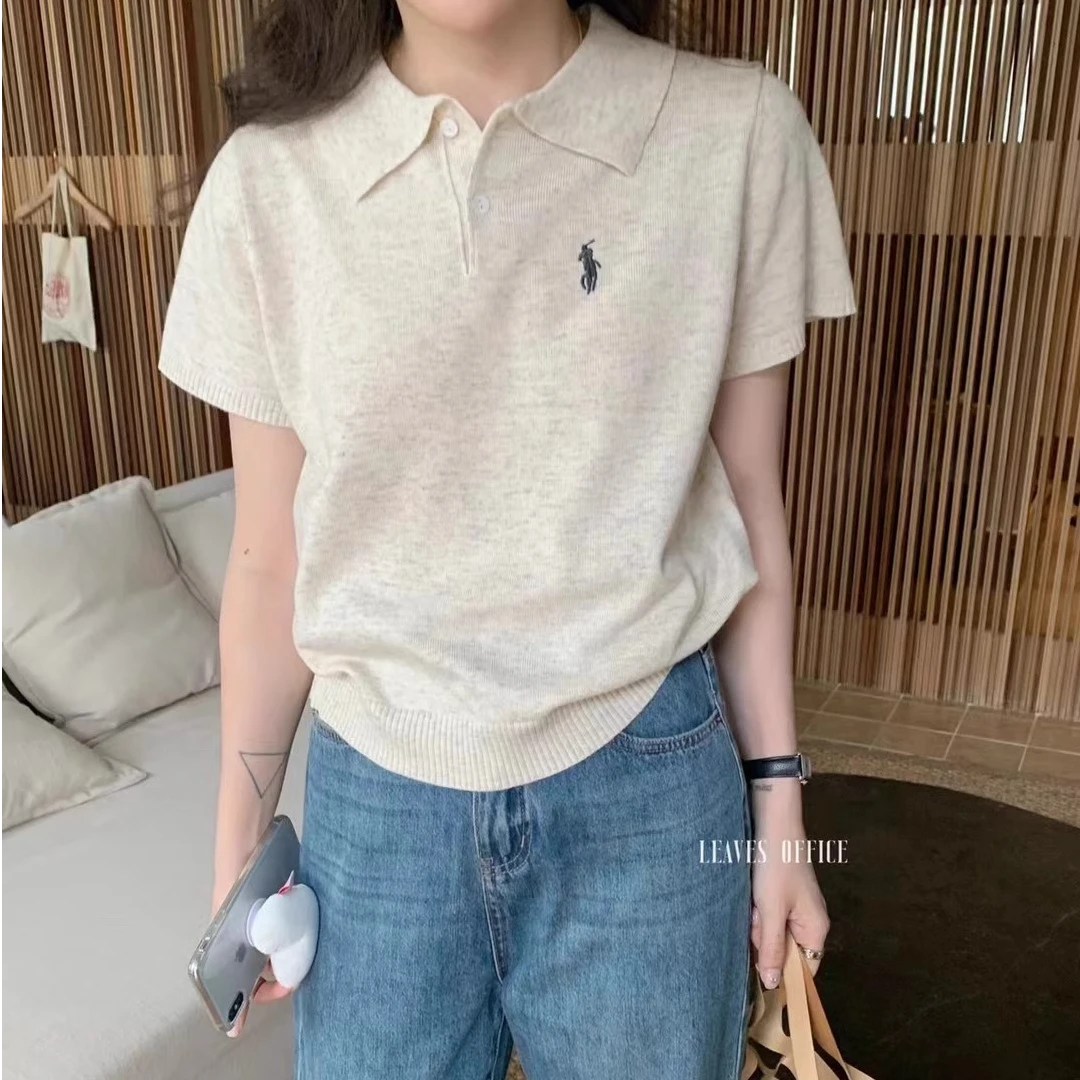 polo领短袖针织上衣女春秋休闲百搭洋气小马刺绣针织衫