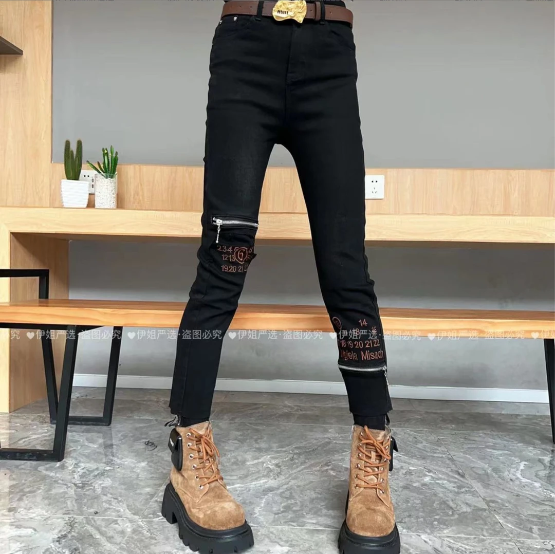 【YJ·高定】冬季刺绣加绒弹力牛仔烟管裤百搭修身设计感小黑裤YJ739