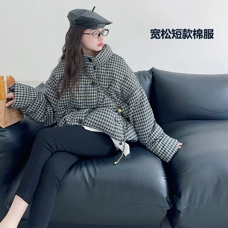 【白弟Maila】女童冬季韩系棉服千鸟格短款儿童立领棉衣棉袄外套潮