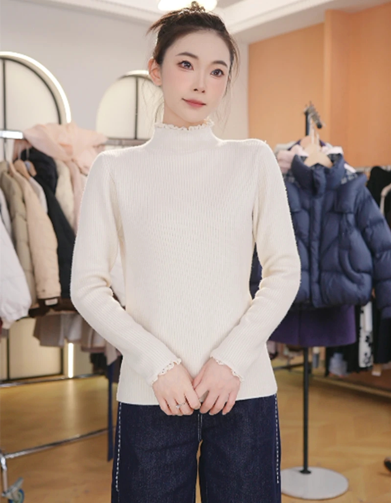 2025秋冬新款花边半高领加绒内搭新款高级感保暖针织毛衣