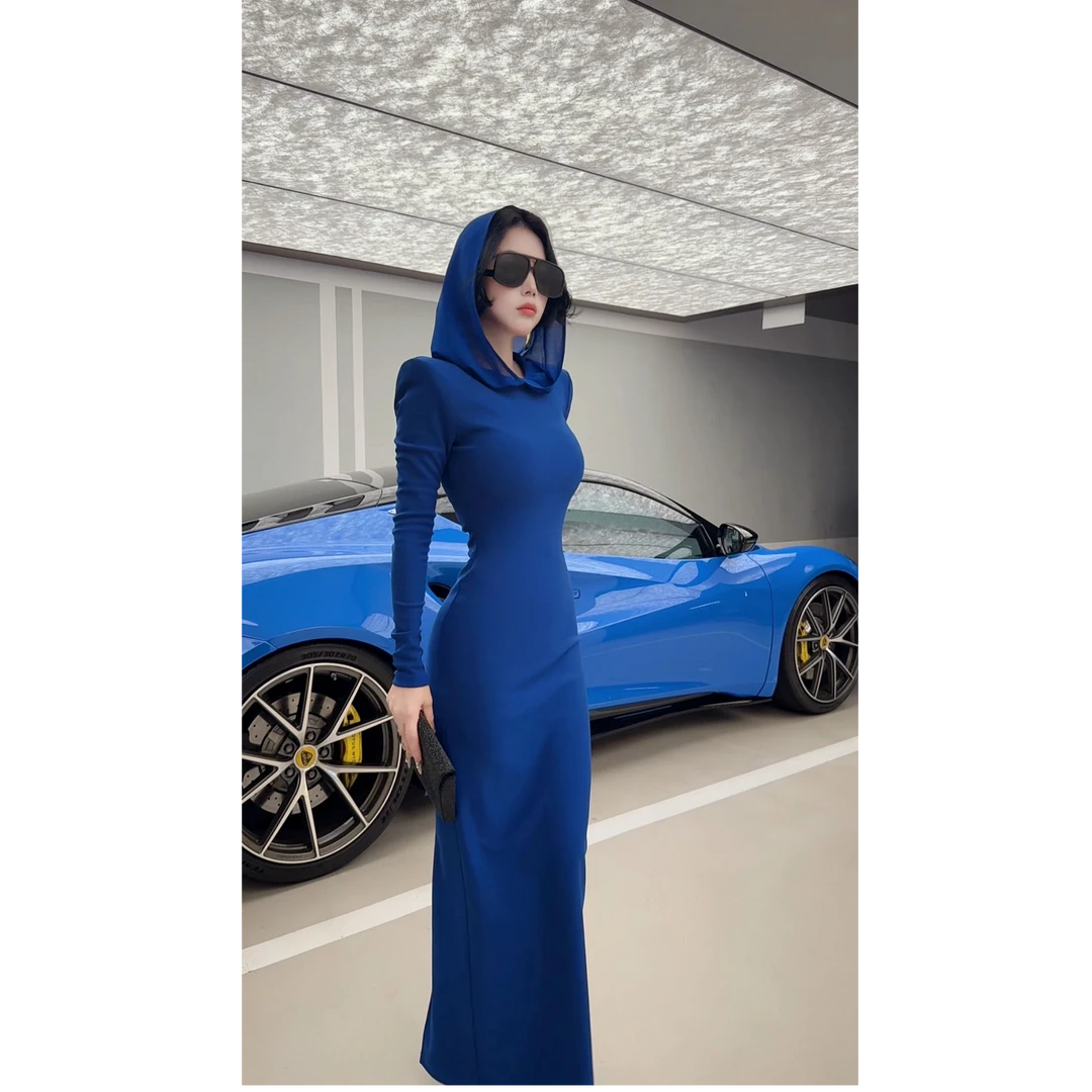 LYXJ【墨蓝骑士】雪纺帽连衣裙2025秋季新款收腰显瘦高弹亲肤约会裙