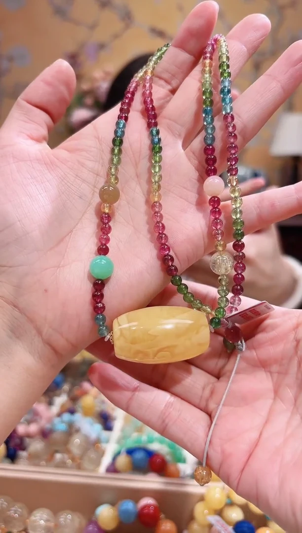 颈饰18K金镶嵌碧玺天然碧玺蜜蜡设计款项链