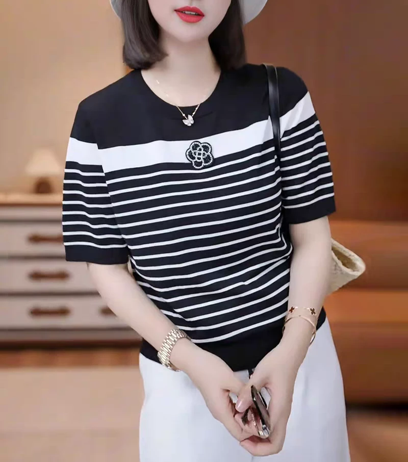 NSY366夏季街头风圆领条纹气质短袖女装潮流休闲打底衫洋气韩版