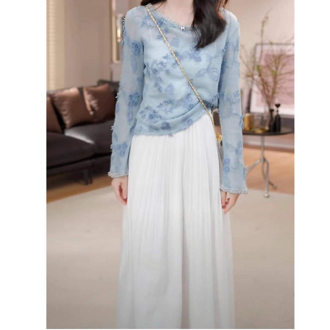 设计感镶钻长袖T恤女+白色半身裙两件套女2025春夏款时尚甜美套装