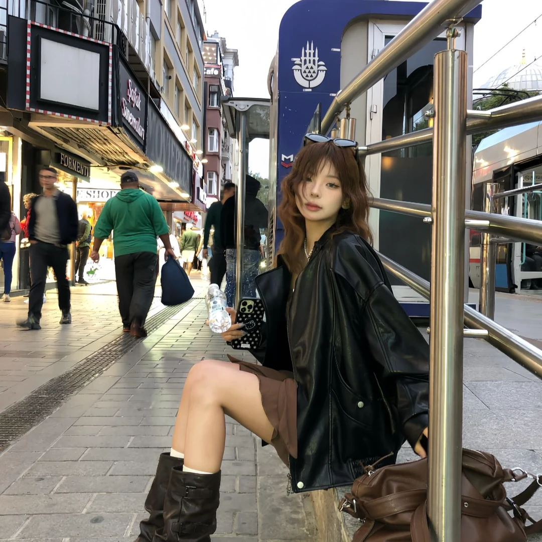 美式复古黑色PU皮长袖外套女装2025秋季新款别致chic宽松夹克上衣