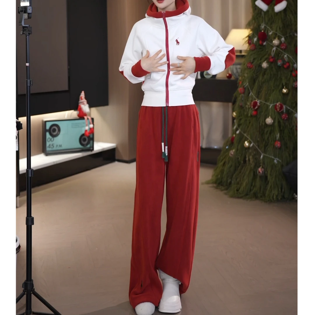 冬新款加绒修身拼色连帽卫衣外套+阔腿裤套装LK2500847