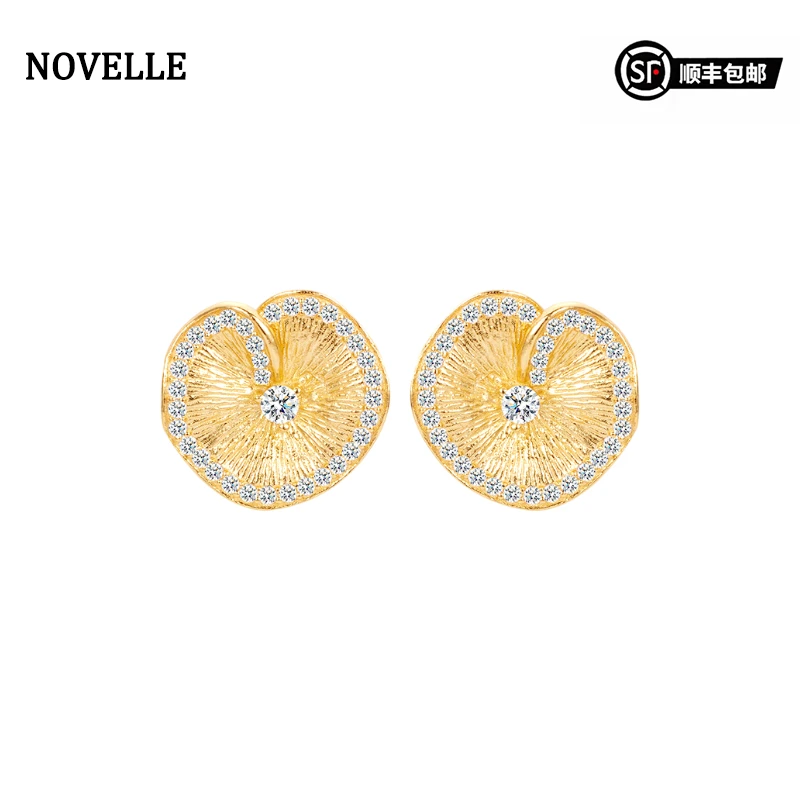 925银合成锆石耳饰 NOVELLE 拉丝工艺荷叶耳钉女中古气质高级耳饰