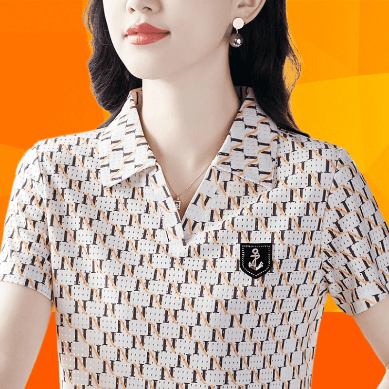 高级印花短袖t恤女夏装2025新款气质妈妈polo衫宽松冰丝上衣翻领