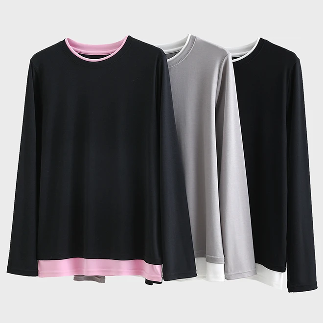 【CK008-men】兰精莫代尔假两件打底圆领套头撞色长袖上衣休闲百搭