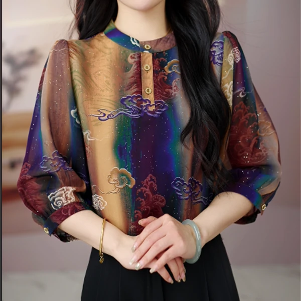 2025新款原版正品气质彩色圆领衬衫减龄女装轻薄透气七分袖上衣