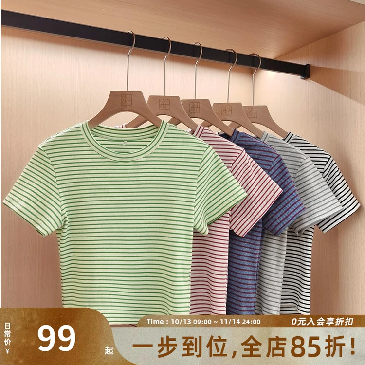 美洋MEIYANG日记本T恤基础圆领条纹修身显瘦正肩短款短袖上衣U