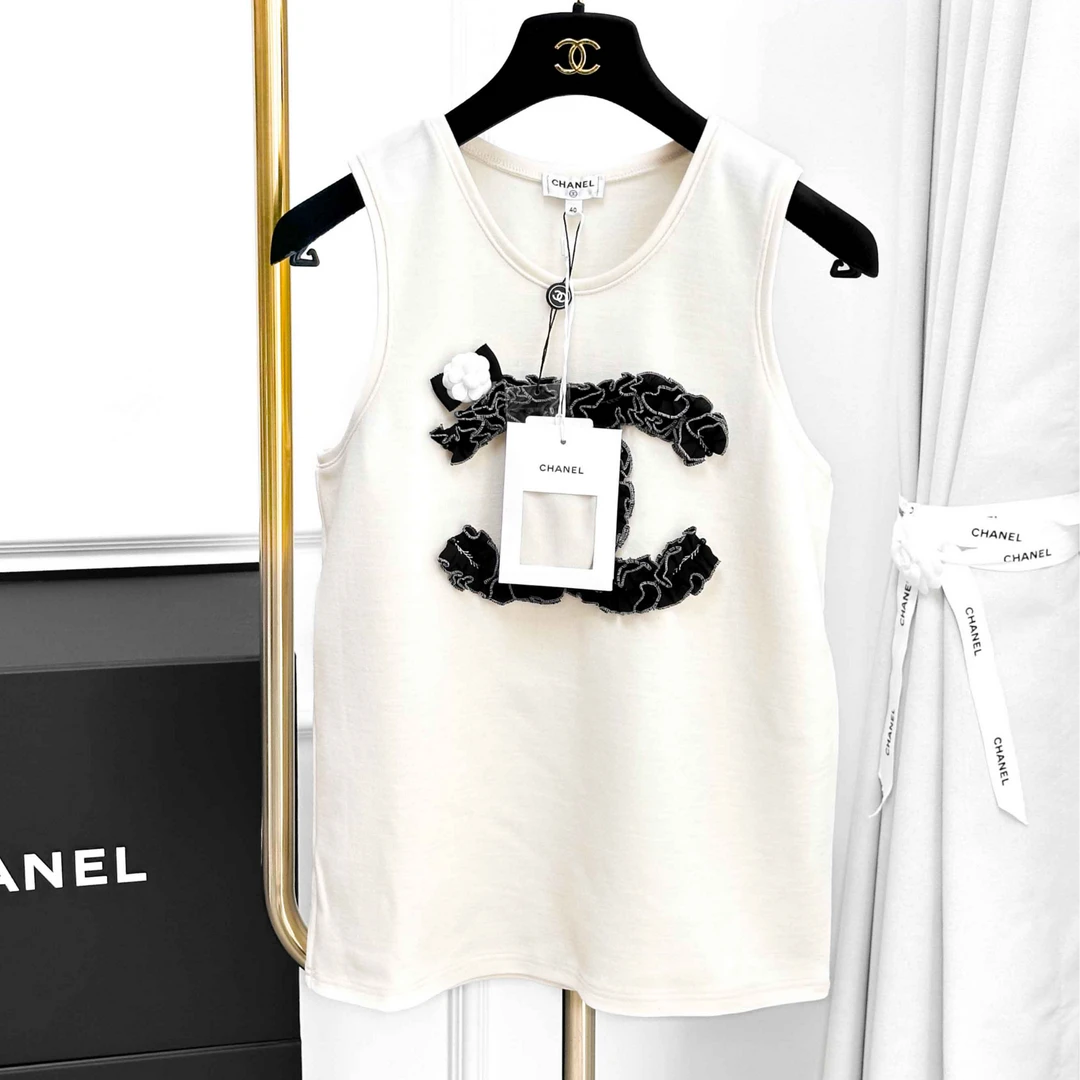 99新 Chanel/香奈儿 40码 米白色拼黑色 双C 无袖 背心