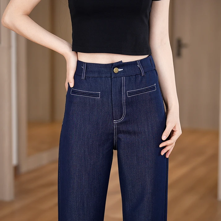 2025秋季丹宁蓝阔腿牛仔裤新款窄版阔腿裤小个子宽松高腰直筒裤女