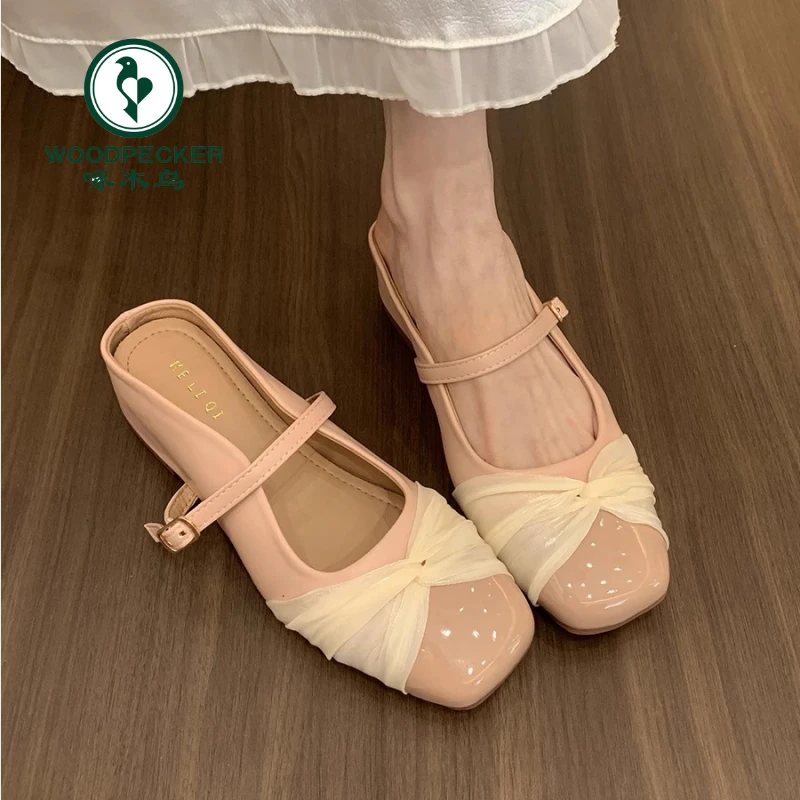 啄木鸟内增高粉色包头拖鞋女2025新款夏季法式气质玛丽珍厚底单鞋