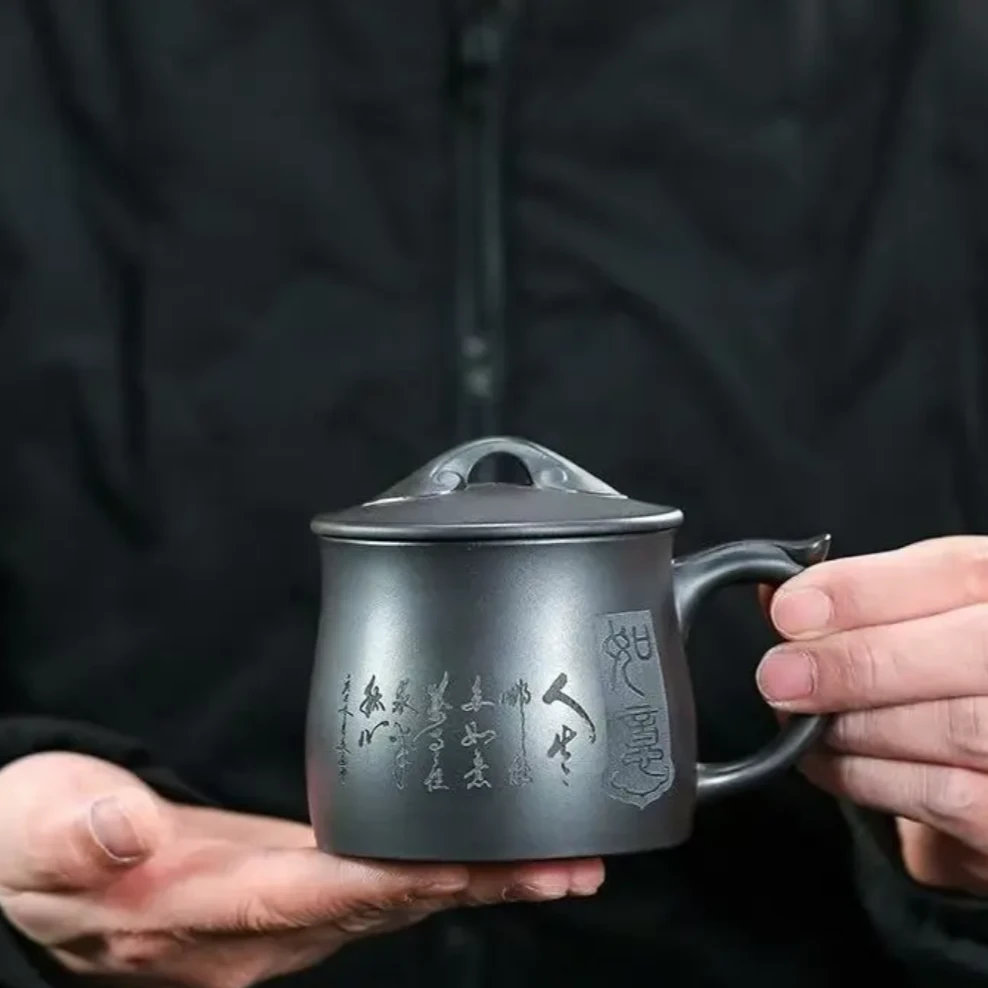 【盼盼紫砂-如意】紫砂 石黄 玄铁 刻绘  宜兴原矿紫砂大容量手工杯