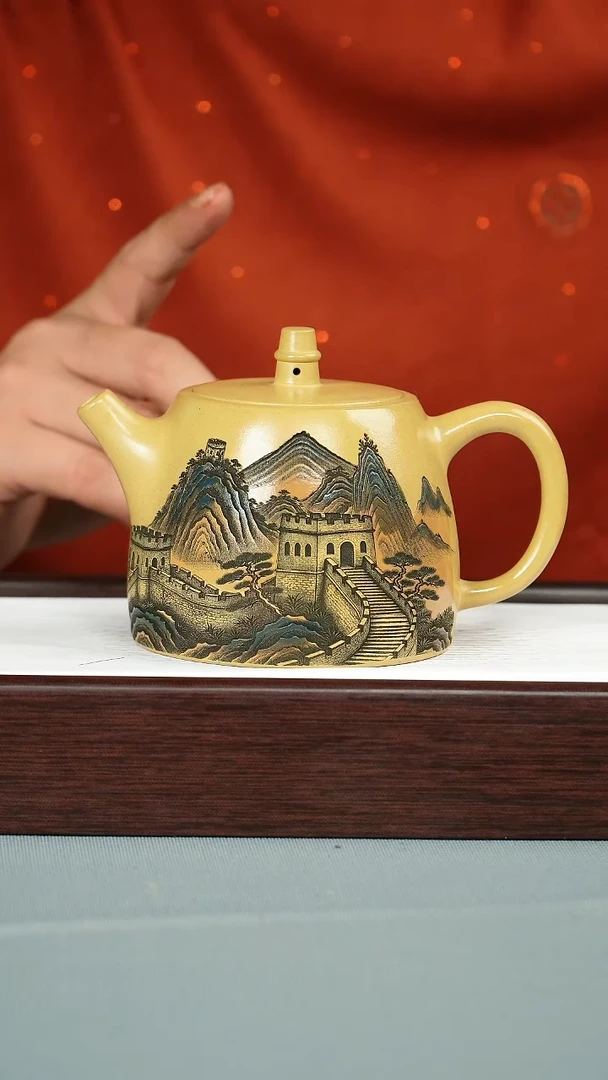 茶壶紫砂 黄金砂 汉铎 彩刻山水