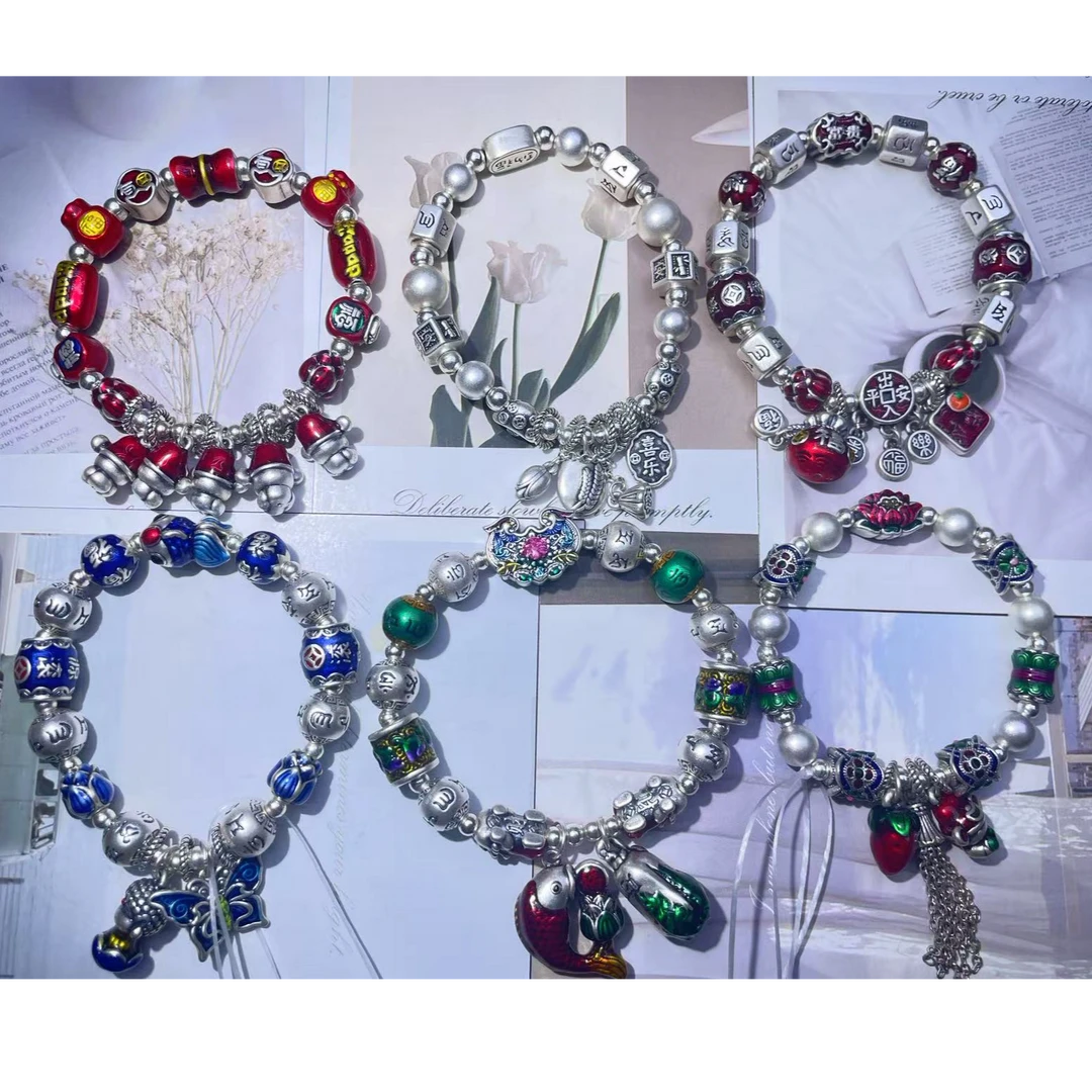 足银手链 足银手链珐琅彩手工手链单圈时尚【手围大小联系客服】