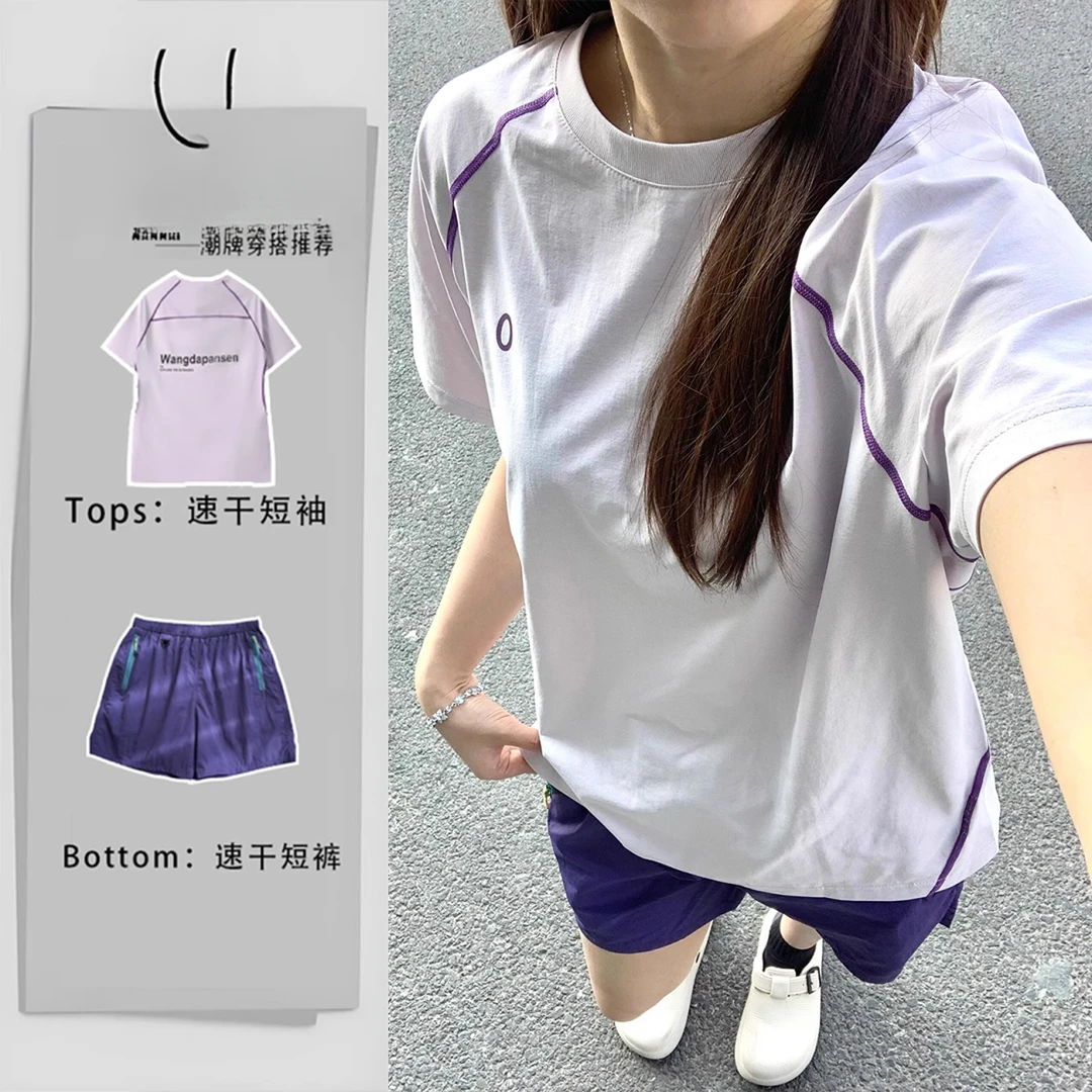 粉紫色户外登山运动套装女夏季薄款跑步速干t恤羽毛球骑行服