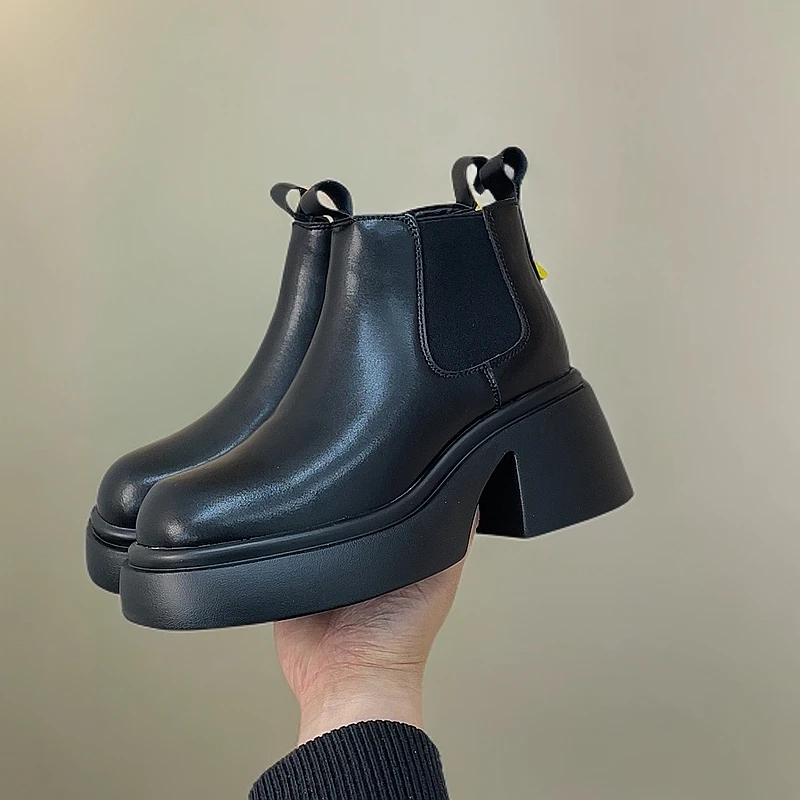新品真皮超高马丁靴2024秋冬新款小个子厚底增高粗跟切尔西靴