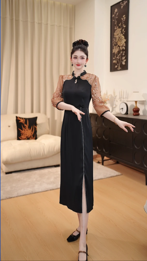 【DLS5Q018】鎏金旧梦改良旗袍大码连衣裙夏季短袖显瘦轻奢时尚气质