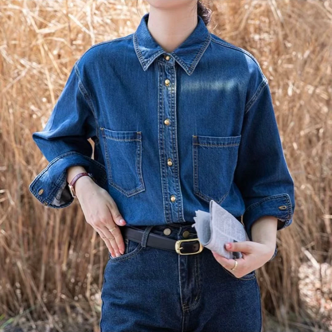 【艾萱萱】29002款简约压明线设计牛仔衬衫女 图片与实物不符约70